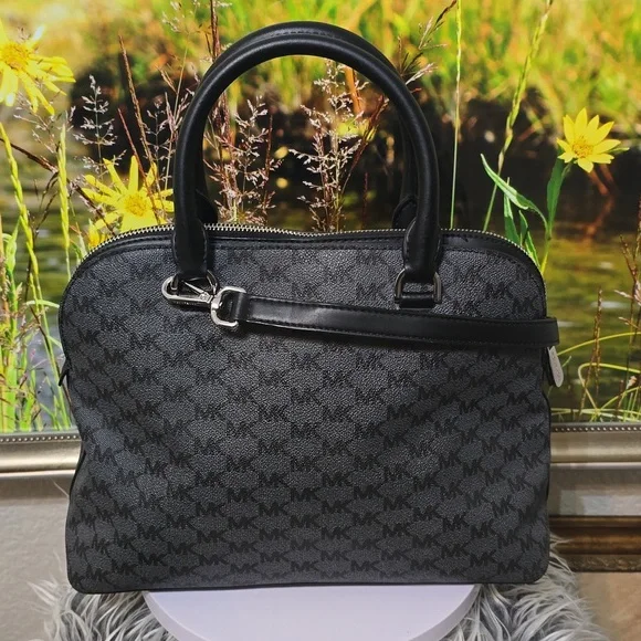 Michael Kors Cindy Dome Satchel Black Gray MK Monogram Crossbody Bag COA - Picture 11 of 13